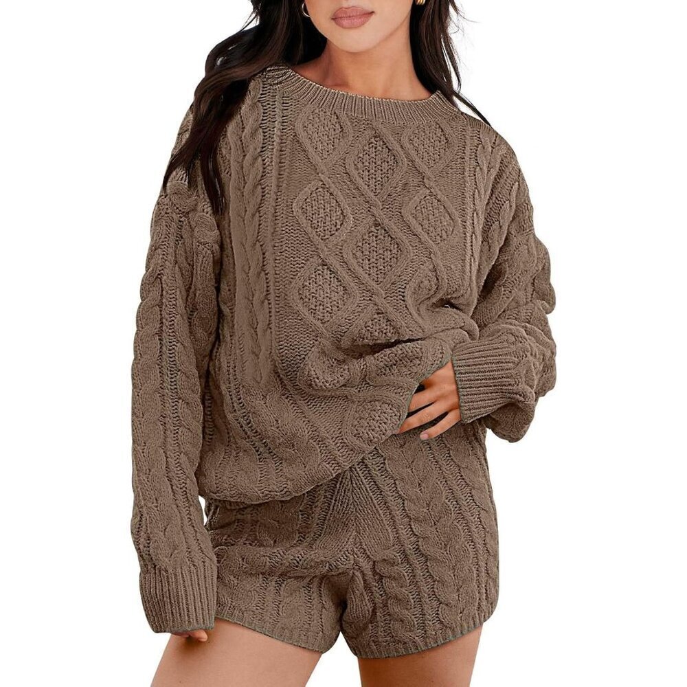 🆕Women Brown 2 Piece Outfits Sweater Lounge Loungewear Sets Fall Cable Knit Set